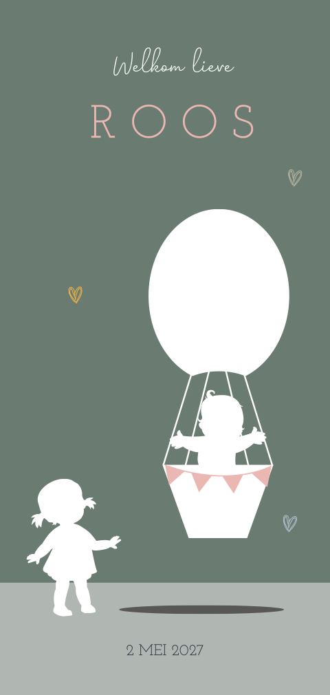 Silhouet geboortekaartje zus met baby meisje in luchtballon