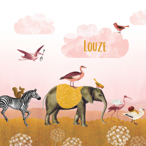 Geboortekaartje met dierenparade in het roze