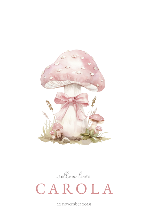 Geboortekaartje met roze paddestoelen