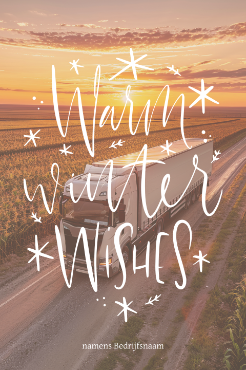 Kerstkaart met eigen foto vrachtwagen bij zonsondergang
