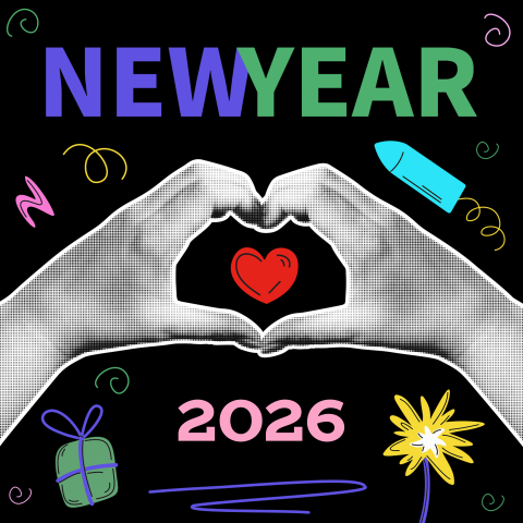 Nieuwjaarskaart 2026 met popart design en hartje