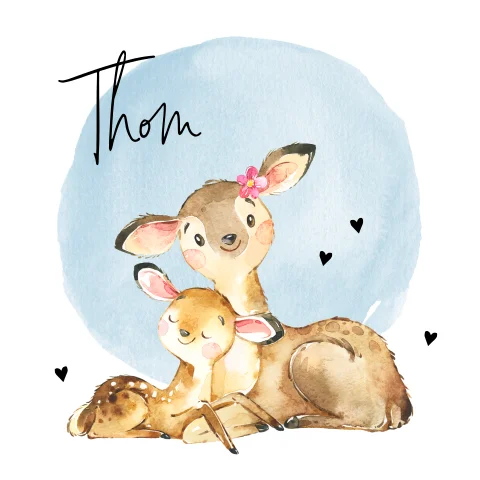 Waterverf geboortekaartje met twee hertjes voor een jongen