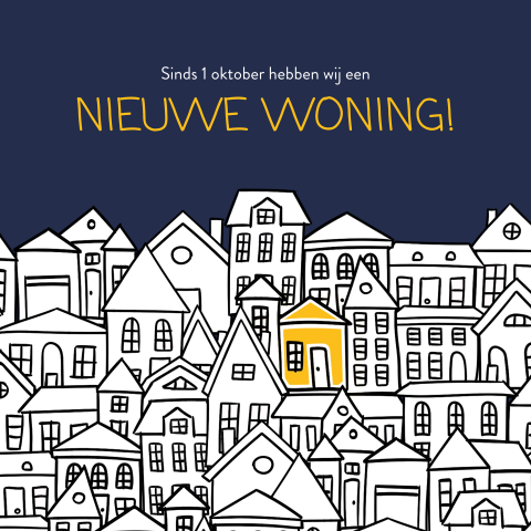 Vierkante verhuiskaart met getekende huisjes