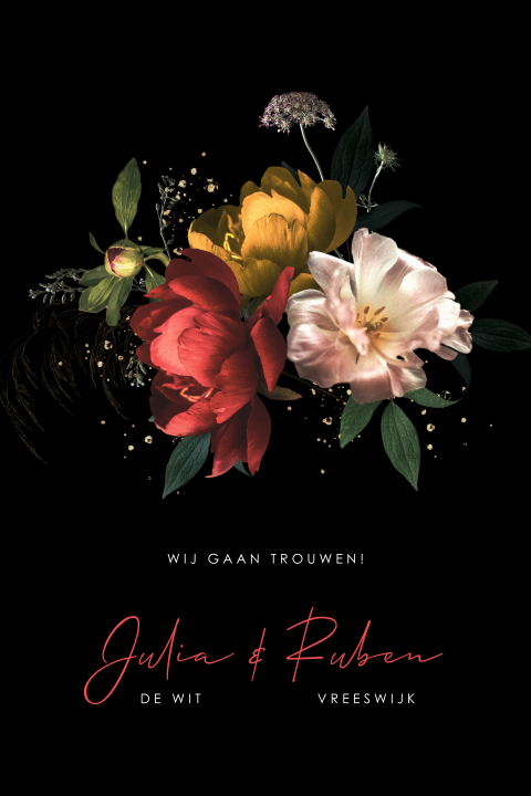 Zwarte trouwkaart Hollandse meesters boeket met bloemen