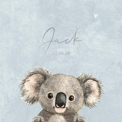 Blauw geboortekaartje met vrolijke koala