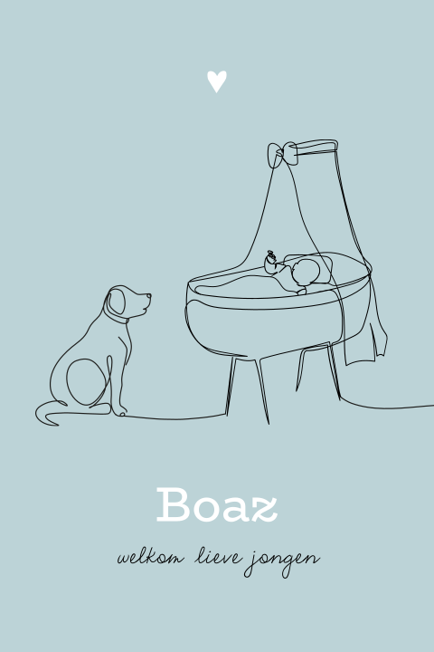 Blauw geboortekaartje met lijntekening hond en baby in wiegje
