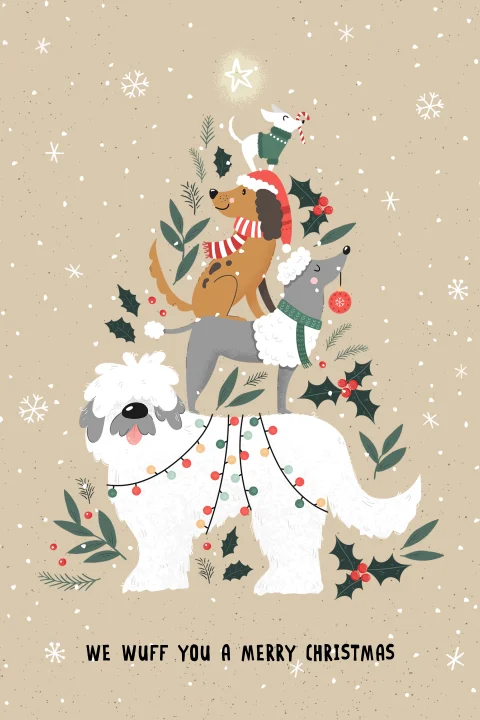 Kerstkaart drie hondjes vieren kerstmis