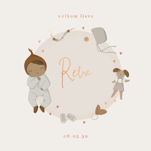 Geboortekaartje met lief getekend kindje en koperfolie