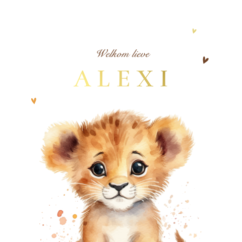 Goudfolie geboortekaartje met lief leeuwtje en hartjes