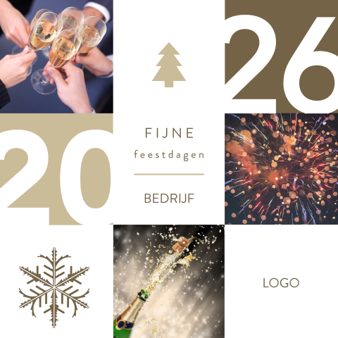 Kerstkaart champagne met jaartal, foto's en bruine vlakken