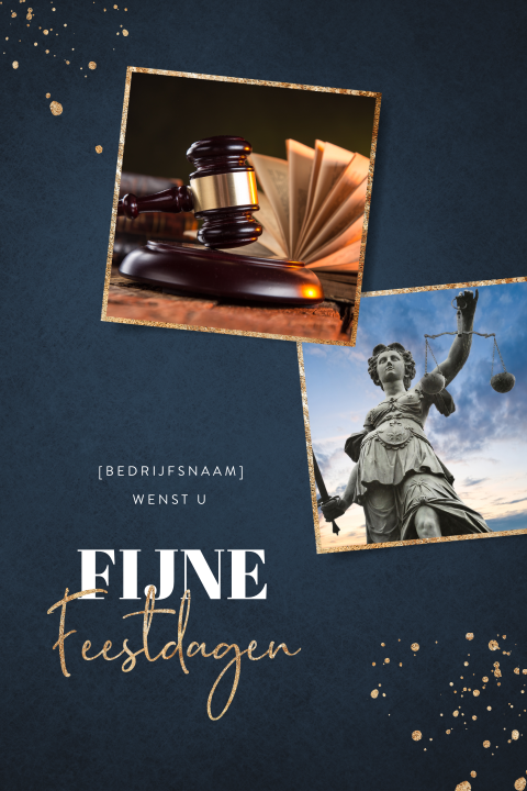 Blauwe kerstkaart advocatuur met goudlook fotokader en spetters