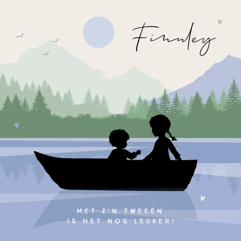 Silhouet geboortekaartje grote zus en broertje in bootje