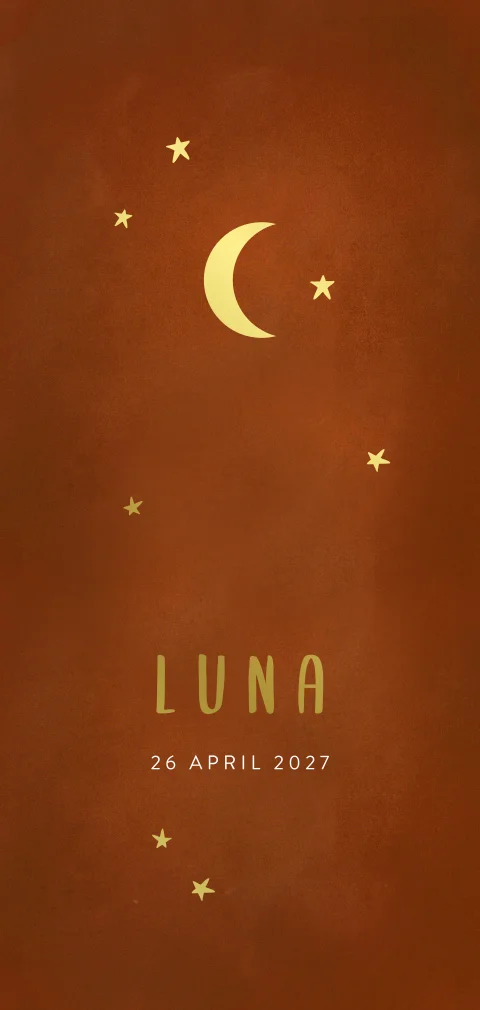 Roestrood geboortekaartje met maan en sterren in goudfolie