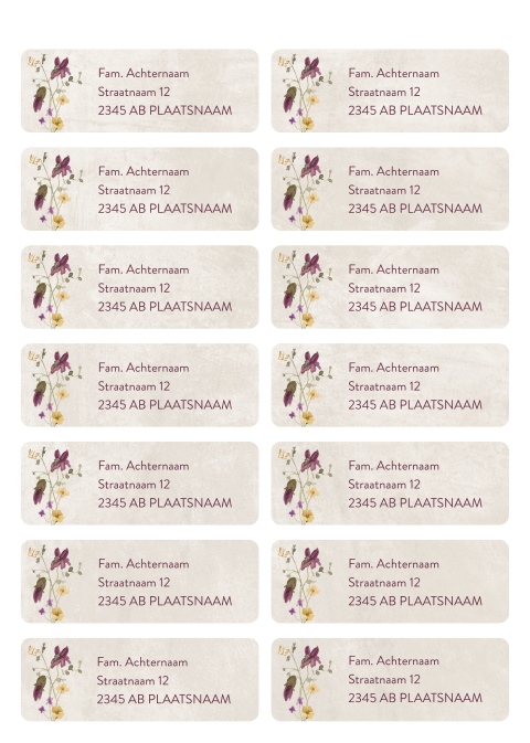 Beige adresstickers met wilde veldbloemen
