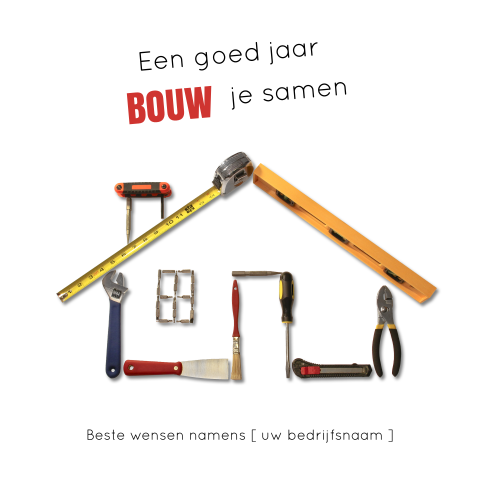 Kerstkaart met huis gevormd door bouwgereedschap