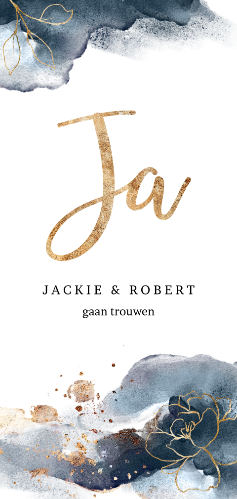 Enkele trouwkaart met hippe typografie en blauwe waterverf