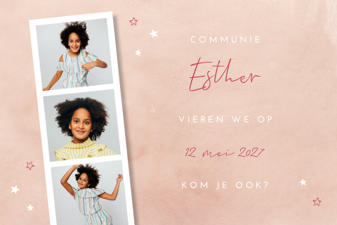 Zachtroze communie uitnodiging met polaroid foto's