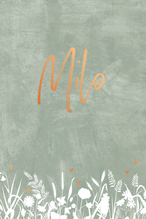 Groen geboortekaartje met bloemen en koperfolie hartjes