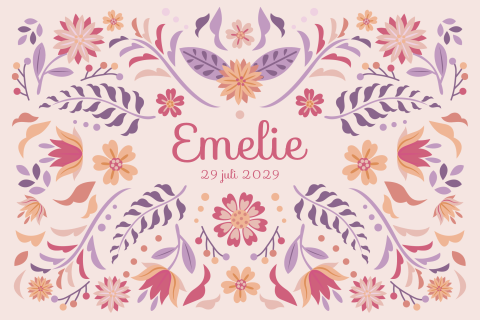 Roze retro geboortekaartje voor een meisje met roze bloemen