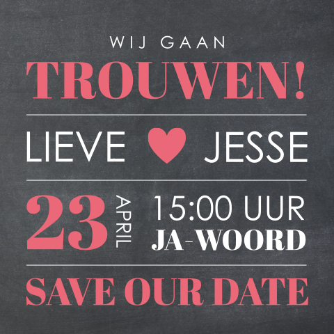 Zwarte krijtbord trouwkaart met hippe typografie