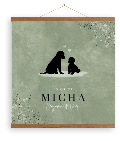 Groene canvasposter met latjes met silhouet hond en baby