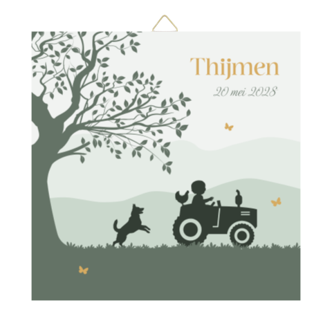 Groen tegeltje tractor met jongen en hond