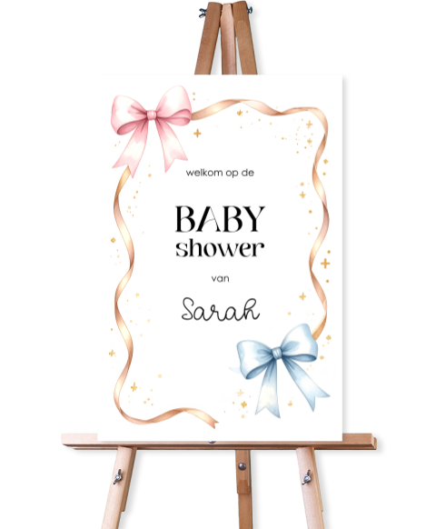 Babyshower welkomstbord met roze en blauwe strikken