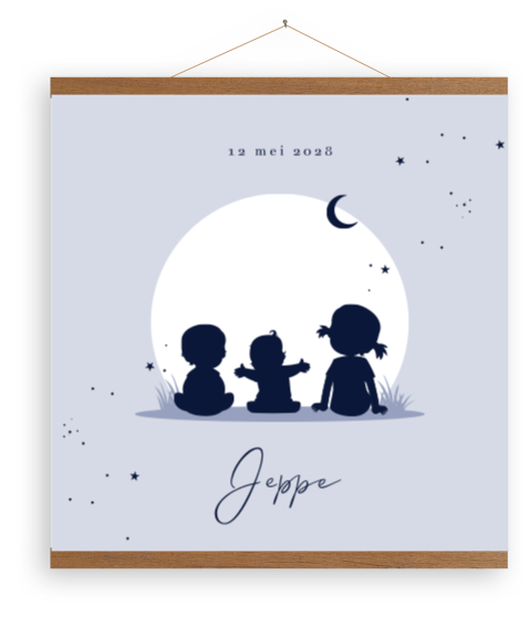 Blauwe canvasposter met drie silhouet kindjes
