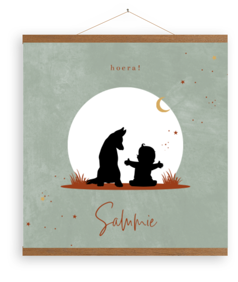 Groene canvasposter met silhouet baby en hond