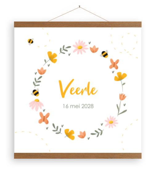 Lente canvasposter met krans van bloemen en bijtjes