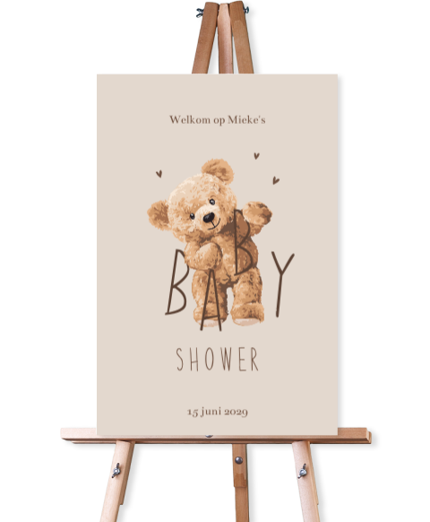 Lief bord babyshower met teddybeer in neutrale tinten