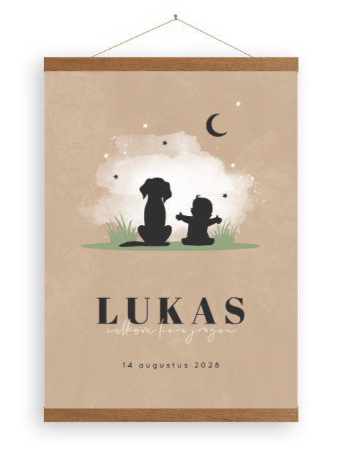 Zandbruine canvas poster met silhouetjes kindje en hond