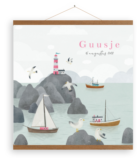 Canvas met zee, rotsen, vuurtoren en bootjes