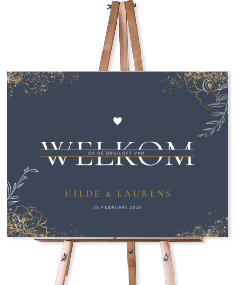 Donkerblauw welkomstbord met gouden bloemen