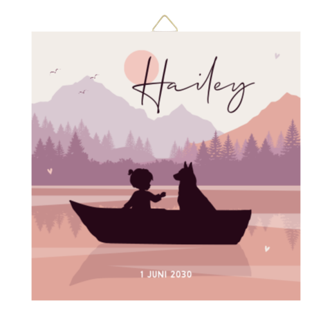 Silhouet tegeltje met meisje en hond in bootje