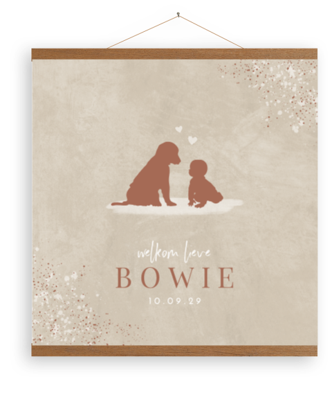 Beige canvasposter met silhouetjes hond en baby