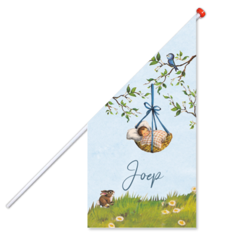 Vintage vlag jongen met wiegje hangend aan een tak