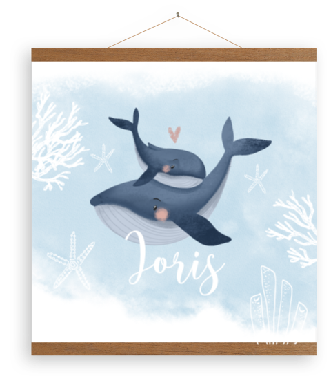 Blauwe canvas met twee walvissen