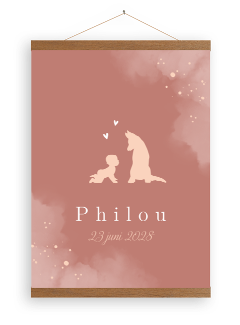 Canvasposter met silhouet roze baby en hond