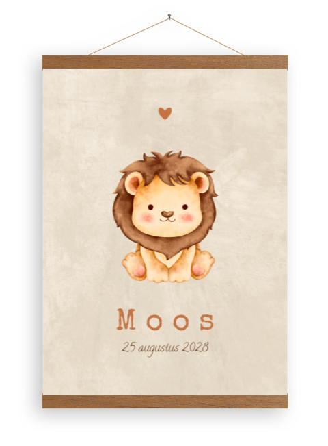 Beige canvas poster met latjes en lief leeuwtje