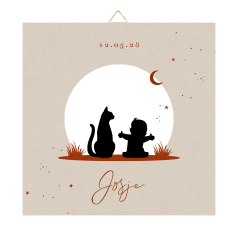 Beige tegeltje met silhouet kindje en poes