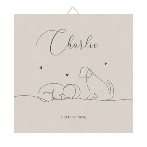 Beige tegeltje baby met hondje in lijntekening