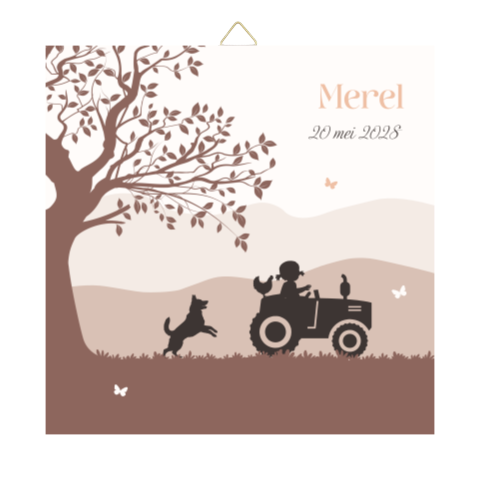 Roze tegeltje tractor met meisje en hond