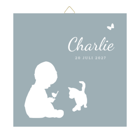 Tegeltje silhouette jongetje met vogel en kat