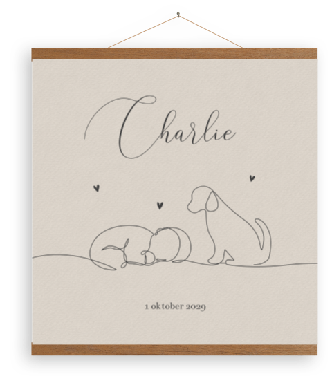 Beige canvasposter baby met hondje in lijntekening