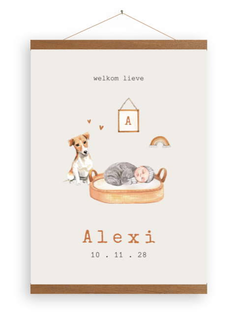 Beige canvas poster met waterverf hondje en baby