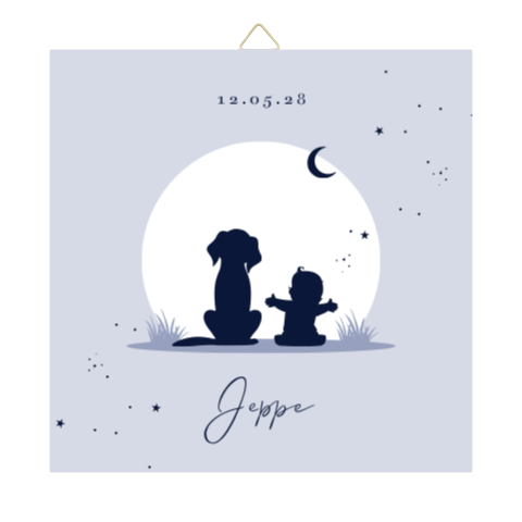 Blauw tegeltje met silhouet jongen en hondje