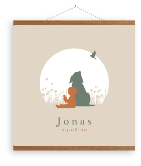 Beige silhouet canvas poster met latjes jongen en hond