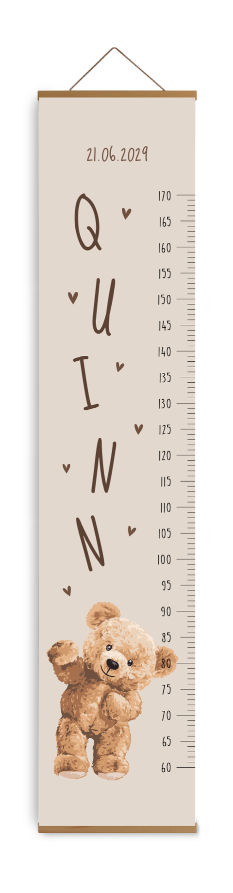 Beige groeimeter met beertje en naam