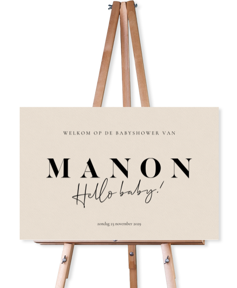 Minimalistisch babyshowerbord met typografie in zwart-wit
